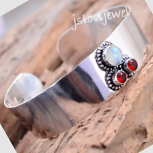 Rainbow Moonstone & Garnet Cut Gemstone 925 Sterling Silver Cuff Charming Bangle - Picture 1 of 5