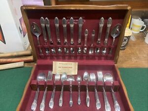 1847 Rogers Brothers 54 Pcs Silverware Set First Love Serving Pcs & Case 8 Each