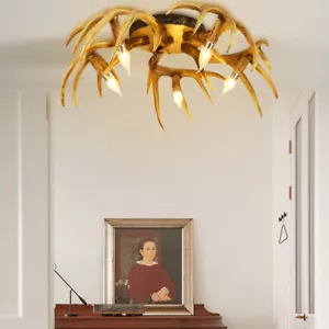 Rustic 5 Heads Resin Flush Mount Lighting Brown Antler Dining Room Ceiling Lamp - Picture 1 of 12