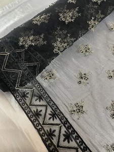 1 mtr black embroided pearl double bordered bridal tulle net fabric.45”wide - Picture 1 of 7