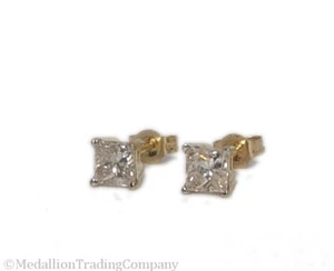 14k Yellow Gold .50 Carat FIERY Princess Diamond Solitaire Studs Earrings SI2 H - Picture 1 of 4