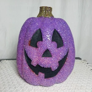 Vintage 10" lila Gel geschmolzen Kunststoff Popcorn leuchtender Kürbis Halloween Dekor - Bild 1 von 12