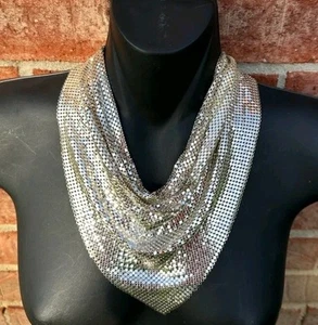 Whiting & Davis Co. Silver Mesh Chain Bib Necklace And Clip On Earrings - Picture 1 of 4