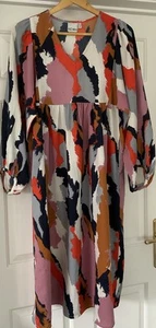 ICHI Multi Art Pop Smock Midi Dress Balloon Sleeves Size 8/10 P2p18” - Picture 1 of 9