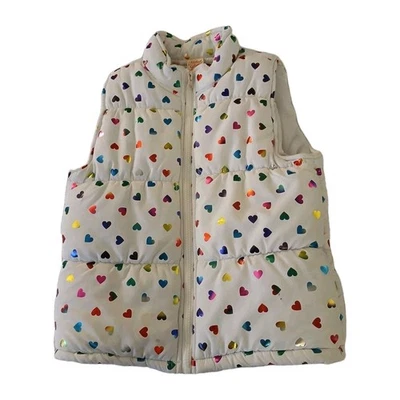 Faded Glory Puffer Vest Girls Sz M  (7-8) Foil Hearts White Zipper Used Girls  - Image 1 of 4