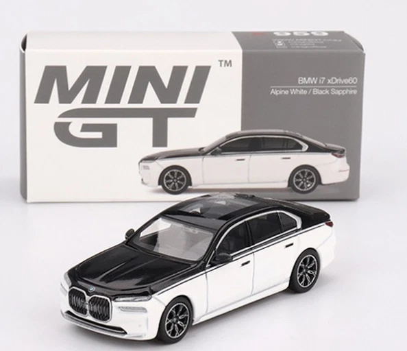 MINI GT BMW I7 Xdrive60 Alpine bianco e nero Sapphire 2024 1/64 MGT00959-L
