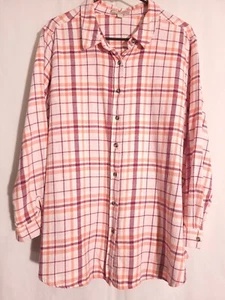 Woman Within-Peach Purple White Long Sleeve Plaid Flannel Button Shirt Top-1X - Afbeelding 1 van 4