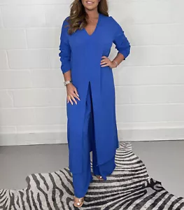 Plus Size V Neck Split Top & Loose Trousers 2 Piece Casual Suit for Women - Picture 1 of 11