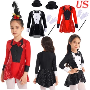 Girls Sequins Dance Dress Figure Skating Dress Shiny Fancy Dress Up Bodysuit - Picture 1 of 57