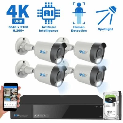 8 Channel 4K NVR 4 8MP AI Spotlight Microphone PoE IP Security Camera System 2TB - Image 1 of 4