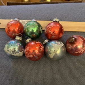 7 Vintage Shiny Brite Greeting Christmas Ball Ornaments Red Green Blue - Picture 1 of 4