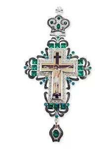 Pectoral Cross Jesus Priest Bishop Crucifix Green Crystallized Clergy Pendant - Picture 1 of 7