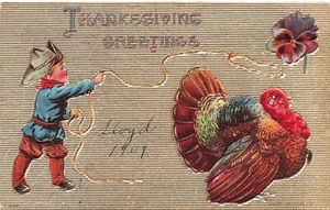 TARJETA POSTAL DE ACCIÓN DE GRACIAS DE COLECCIÓN VAQUERO INTENTA ATAR A UN PAVO 1909 092423 S - Imagen 1 de 2