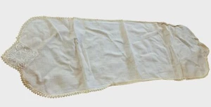 Vintage White Linen Table Runner With Embroidered Ends & Lace Trim 37" X 11.5" - Picture 1 of 3