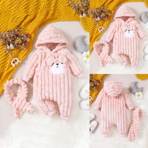 2PCS Newborn Baby Girl Teddy Bear Fleece Hooded Jumpsuit Romper Scarf Outfit Set - Picture 1 of 12