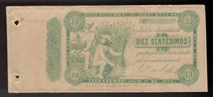 BILLETE URUGUAY 1872 10 CENTESIMOS 1872 TACUAREMBO AU+/UNC (MUY BONITO) - Imagen 1 de 2