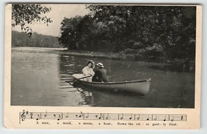 AK Vintage 1908 Romantisches Paar im Kanu mit Musiknoten - Bild 1 von 2