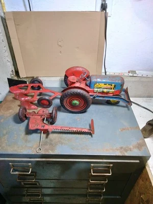Vintage Marx Pressed Steel & Tin Litho Farm Tractor Tin Toy Plow Sickle Mower - Image 1 of 4