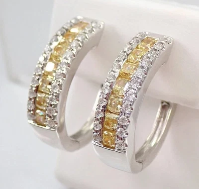 3Ct Cushion Lab-Created Yellow Canary Diamond Hoop Earring 14K White Gold Plated - Image 1 of 4