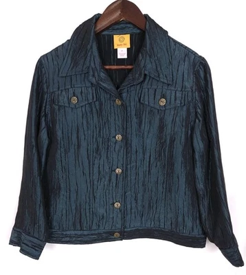 Ruby Road Size 8 Teal Metallic Textured Button-Up Collared Jacket Top - Image 1 of 4