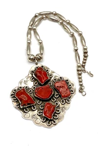 Vintage große Silber Koralle Anhänger Halskette 18" Bank Melone Perlen Indianer - Bild 1 von 15