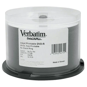 Verbatim DataLifePlus (Azo) DVD-R 4.7 GB White Inkjet Printable Spindle 50 Pack - Picture 1 of 1