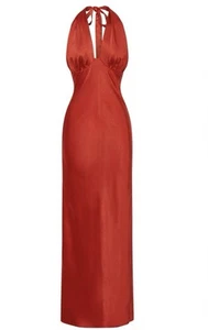 Maxi Abito Meshki Marvelle Raso Halter Taglia XS Rosso Vermiglio Nuovo Con Etichette! - Foto 1 di 14