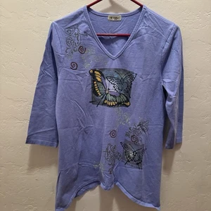 Cactus Women Butterfly Hand-Painted Tunic Top Purple 3/4 Sleeve Curved Hem Small - Picture 1 of 9