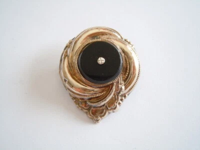 Antico Testato Argento Spilla Parziamente Dorato con Onice 13,3 G/4,1 X 3,4 CM - Immagine 1 di 4