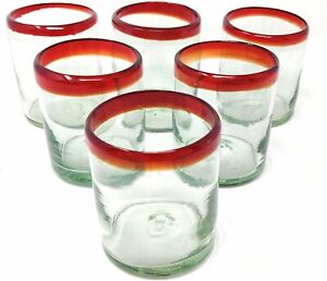 Hand Blown Mexican Drinking Glasses - Six Tumbler Glasses with Red Rims (10oz)