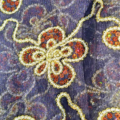 Tela Transparente Negra Naranja Lentejuelas Cordón Dorado Diseño Mariposa Borde Remolinado 3 Yardas Foto 1 de 4