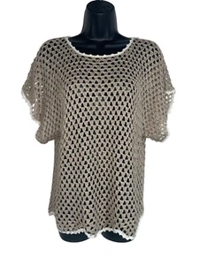 Alice + Olivia Khaki, White Open Crochet Short Sleeve Sweater XS - Picture 1 of 5