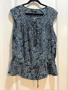 Alfani Short Sleeve Silk Top Blue Print Blouse Size 10 Front Ruffles Cinch Waist - Picture 1 of 7