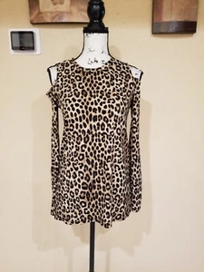 Michael Kors Dark Camel Cheetah Print Cold Shoulder Blouse Long Sleeves Size S - Picture 1 of 6