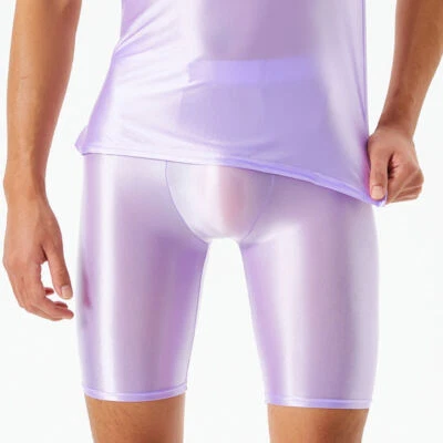 Men's Satin Shiny Wet Look Shorts Knee Length Leggings Skinny Short Pants Trunks - Image 1 of 4