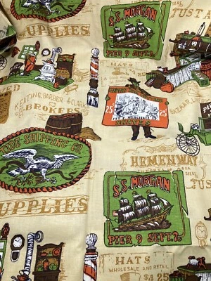 Vintage Fabric Canvas SS Morgan Tide Shipping Co. Avocado Brown Rust on Tan 1.5Y - Image 1 of 4