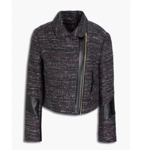Rachel Zoe Women's Size XS Black Cropped Tweed Moto Jacket w/Faux Leather Trim - Picture 1 of 10