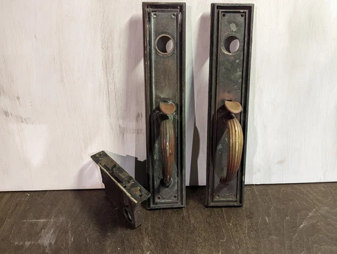 Antique Art Deco 16 in. Bronze Entry Door Pull &  original Mortise Lock! VINTAGE Cover