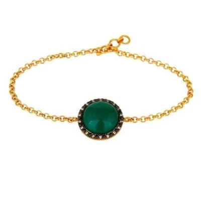Pulsera de cadena de ónix verde de plata de ley 925 chapada en oro de 18 quilates joyería Foto 1 de 3