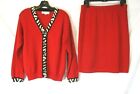 St. John Collection Marie Gray Knit Skirt Cardigan Set Sz M Red Button GG510