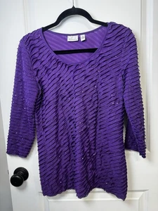 Blusa para mujer Kim Rogers manga 3/4 pulóver con volantes plisada brillo púrpura M - Imagen 1 de 5