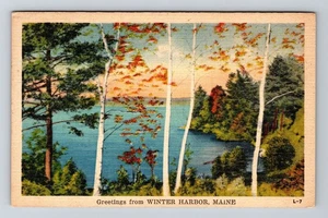 Tarjeta postal de recuerdo vintage Winter Harbor ME-Maine, saludos escénicos, c1945 - Imagen 1 de 2