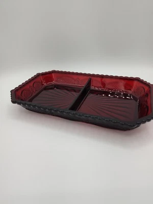 Vintage Ruby Red Glass Divided Relish Dish 2-Section Anchor Hocking Style - Image 1 of 4