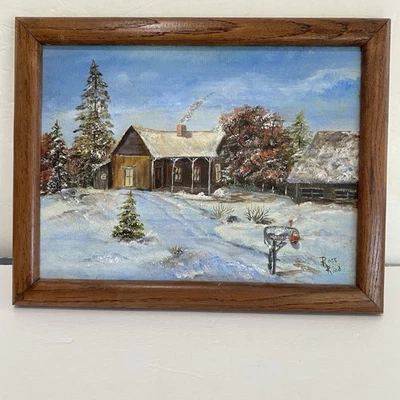 Pintura al óleo amateur vintage invierno nieve paisaje Navidad correo firmado 14X11 Foto 1 de 4