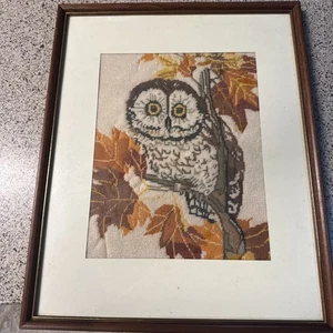 VTG RETRO Large Needlework/Crewel Owl Handmade Framed Picture 21"x17" MCM Colors - Picture 1 of 5