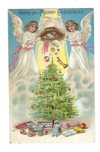 c1909 Christmas Postcard Angels Dropping Gifts Under Tree, Embossed - Picture 1 of 2