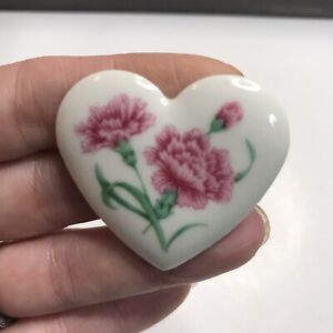Vintage Avon Ceramic Carnation Flowers Heart Brooch