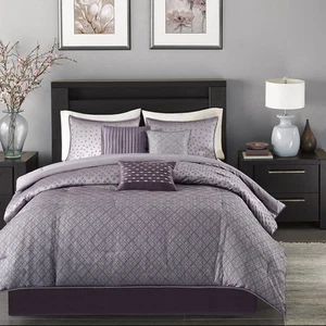 NEW! ~ CHIC MODERN ELEGANT PURPLE PLUM GREY LUXURY 7 PC COMFORTER SET & PILLOWS - Picture 1 of 5