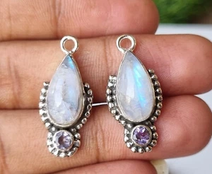 Pear Moonstone & Amethyst Earrings 925 Sterling Silver Handmade Gift Her PG1367 - Picture 1 of 4