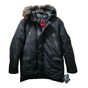 J Whistler Down Parka Puffer Coat Men’s Medium Black Red Trim Hooded Heavy NEW - Picture 1 of 7
